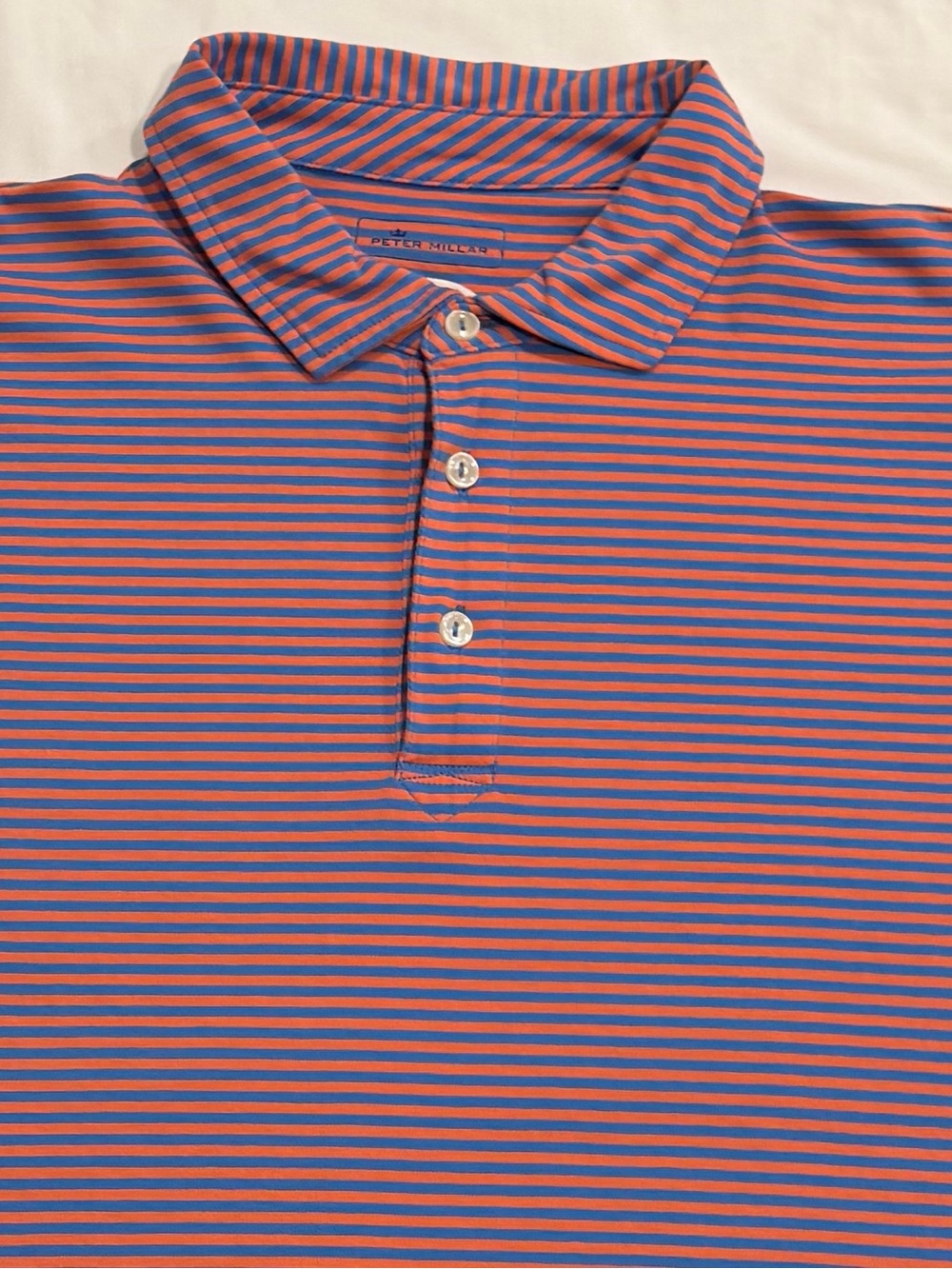 Peter Millar Coral and Blue Striped Polo w Oversized PM logo